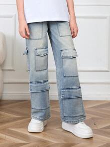 Girls' Loose Fit Wide Leg Denim Jeans, Multi-Pocket Workwear Style - Light Wash - View 6