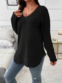 EMERY ROSE Camiseta de punto de cuello en V de unicolor talla grande - Negro - Ver 7
