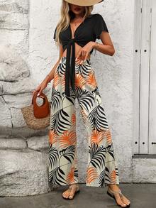 Breezaya Summer Vacation Solid Color Bandeau Cropped Top + Botanical Print Long Pants Two-Piece Set