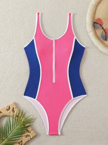 Swim SPRTY Women's Beach Vacation Color Block Zipper Halterneck Sleeveless Monokini Swimsuit Summer - Hot Pink - View 7