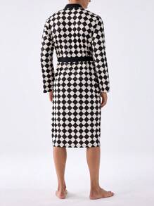 男士格紋對比邊飾腰帶睡袍 - 棕色 - 查看 2