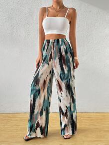 Chiquease Áo yếm dệt kim mùa hè + Quần ống rộng dệt họa tiết trừu tượng, 2 cái/bộ - Nhiều màu - Xem 3