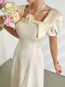 Modelyn Women's Puff Sleeve Party Dress With 3D Flower Design - Apricot - View 3