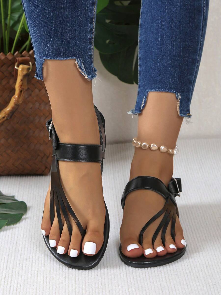 女士平底趾环一脚蹬镂空凉鞋 - 黑色 - 查看 1