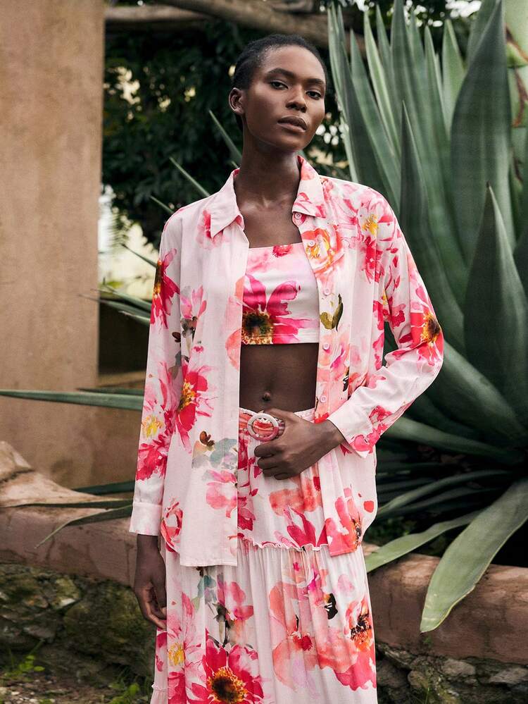 SHEIN Maija Floral Print Tube Top & Long Sleeve Blouse For Summer