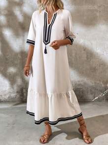 SHEIN LUNE Mùa hè dành cho nữ sọc tua rua cổ chữ V Raglan tay áo dài tay xù xù viền dài - trắng - Xem 7