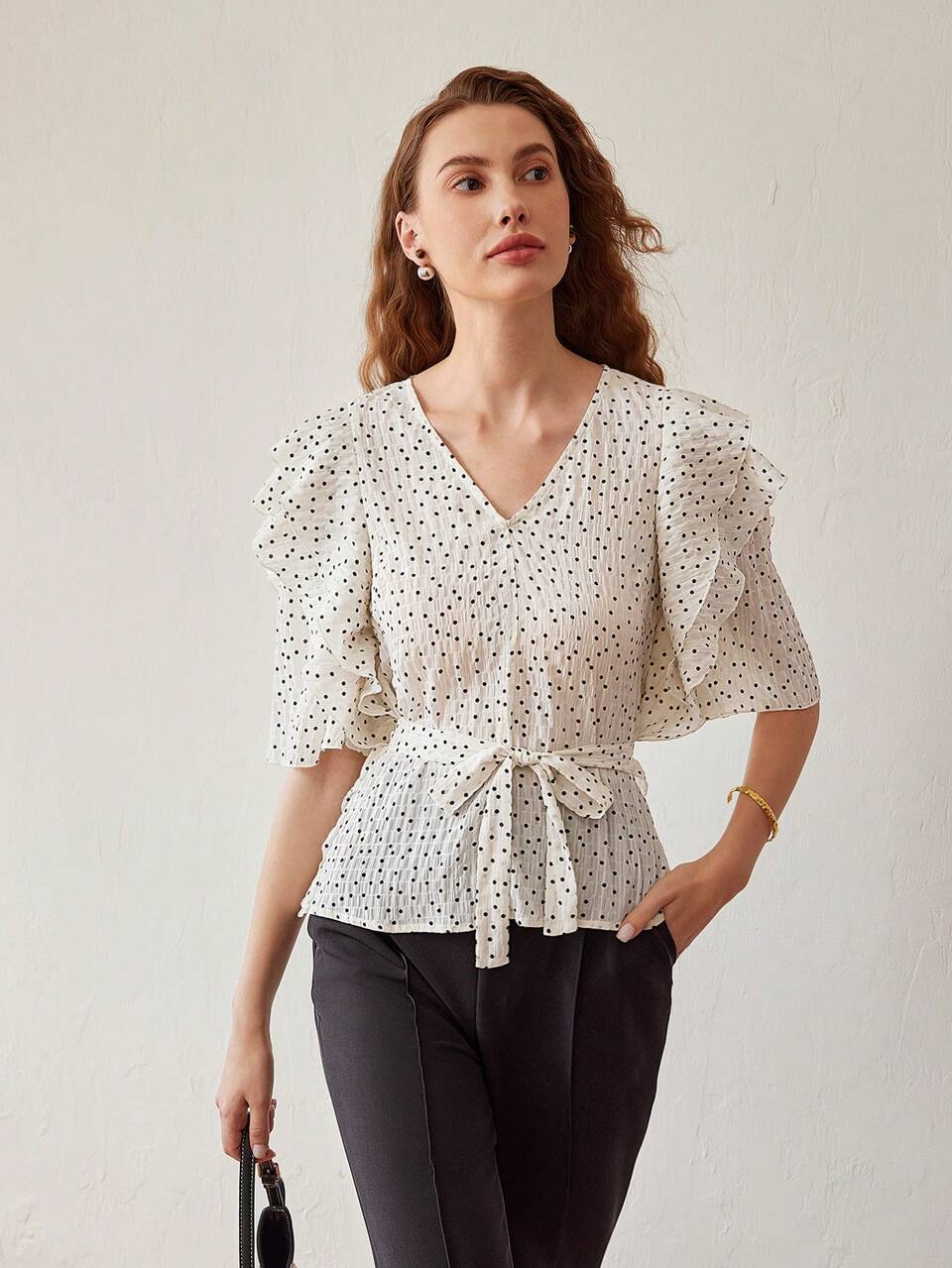 POLKA DOT V-NECK RUFFLE TRIM BELTED TEXTURED BLOUSE