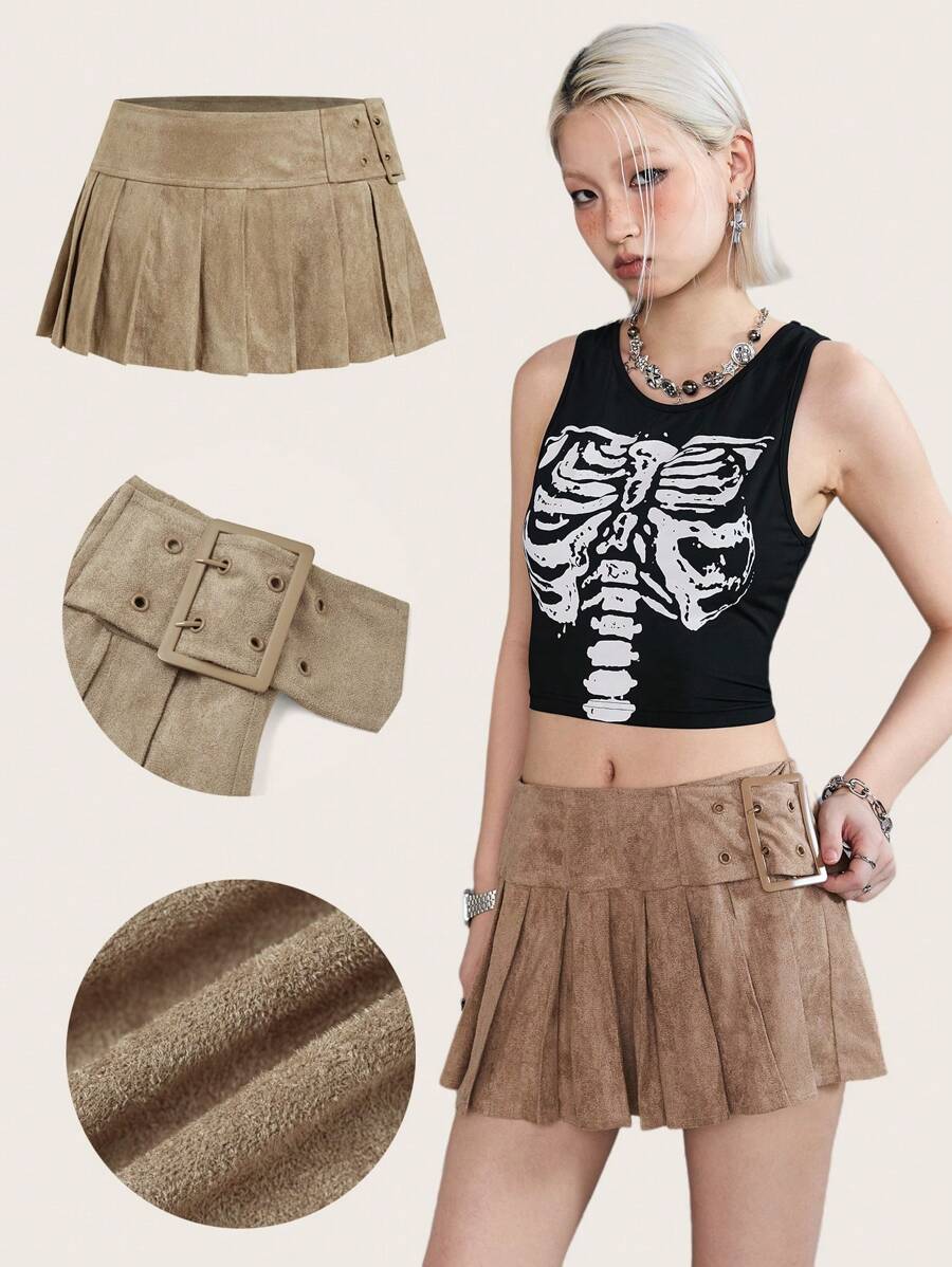 SHEIN EZwear Cool And Street-Style Motor Lady's Low-Waist A-Line Mini Skirt With Slit And Pleated Design - Khaki - View 1