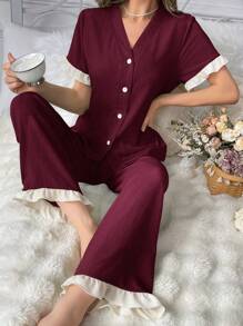拼色滚边 V 领短袖睡衣套装 睡衣套装 休闲套装 - 酒紅色 - 查看 6
