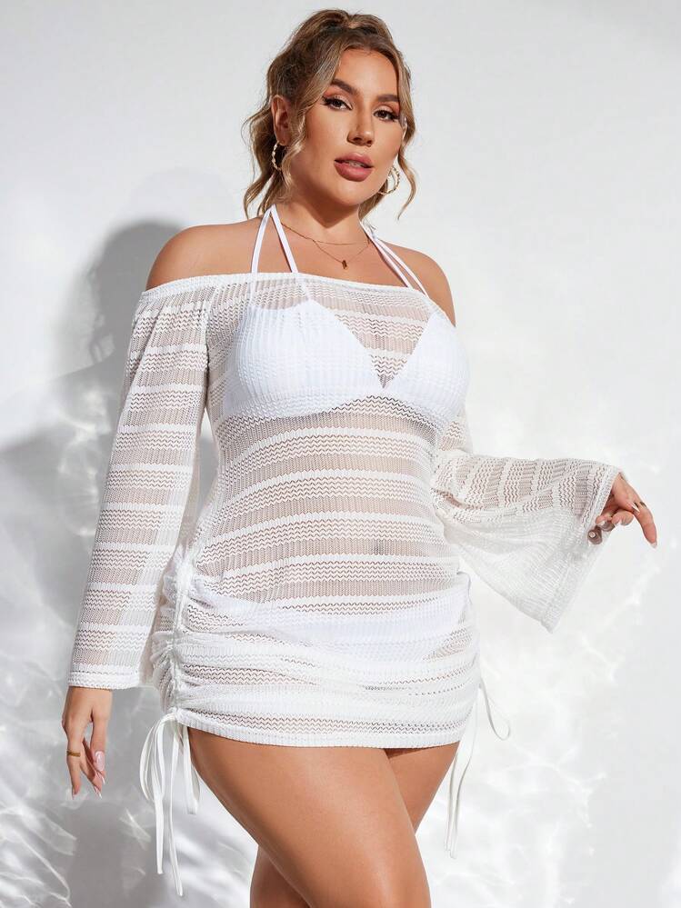 SHEIN Swim Curve Plus Size Women's Vacation Off-Shoulder Long Sleeve Hollow Out See-Through Side Drawstring Cover-Up Dress Summer - White - View 4