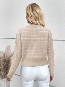 EMERY ROSE Plaid Pattern Patch Pocket Cardigan,Long Sleeve Tops Fall Winter Cloth For Women - Beige - View 2