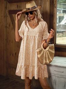 Breezaya Floral Printed Short Sleeve V-Neck Dress With Ruffle Hemline, Summer