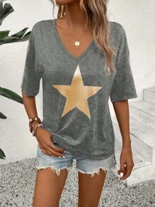SHEIN LUNE Áo thun ngắn tay cổ chữ V thường ngày mùa hè dành cho nữ có in hình ngôi sao - Xám - Xem 3