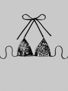 ROMWE Grunge Punk Women's Sexy Crop Top With Floral Cross Pattern, Halter Neck, School Graphic Tees Women Tops - Black - View 3