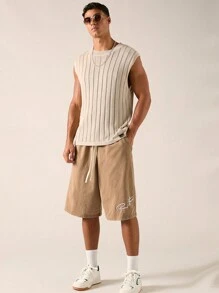 Manfinity VCAY Men's Drawstring Waist Knitted Casual Shorts With Letter Print - Rust Brown - View 3