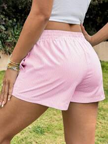 SHEIN EZwear 夏季粉色條紋休閒女式短褲，舒適短褲 - 粉色 - 查看 2