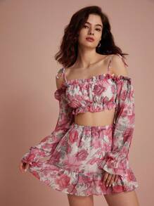 Chiquease Random Print Ruffle Hem Mini Skirt Set Fall Cloth For Women - Multicolor - View 3