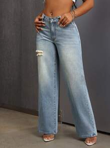 SHEIN SXY Women Pocket Ripped Wide-Leg Loose Casual Jeans