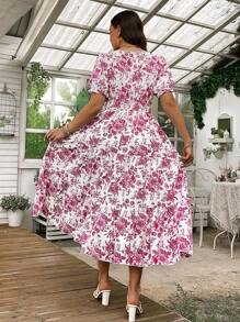 Celure Plus Size V-Neck Short Sleeve Fashion Printed Dress - Hot Pink - View 2