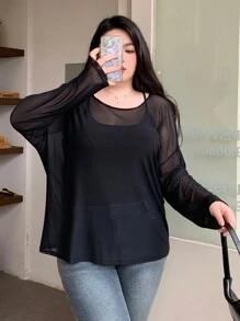 Dazy Plus 加大码宽松纯色长袖上衣，大圆领，透视细节，外出上衣，返校服装，秋季女装 - 黑色 - 查看 6