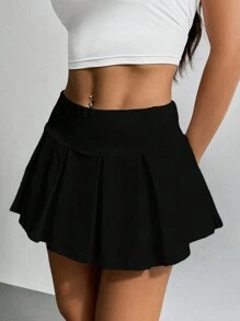 SHEIN EZwear Summer Going Out Wide Waistband Waist Flare Hem White Mini Skirt - Black - View 4
