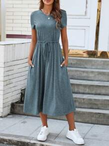 SHEIN LUNE Women's Solid Color Simple Daily Short Sleeve Dress - Dusty Blue - View 6