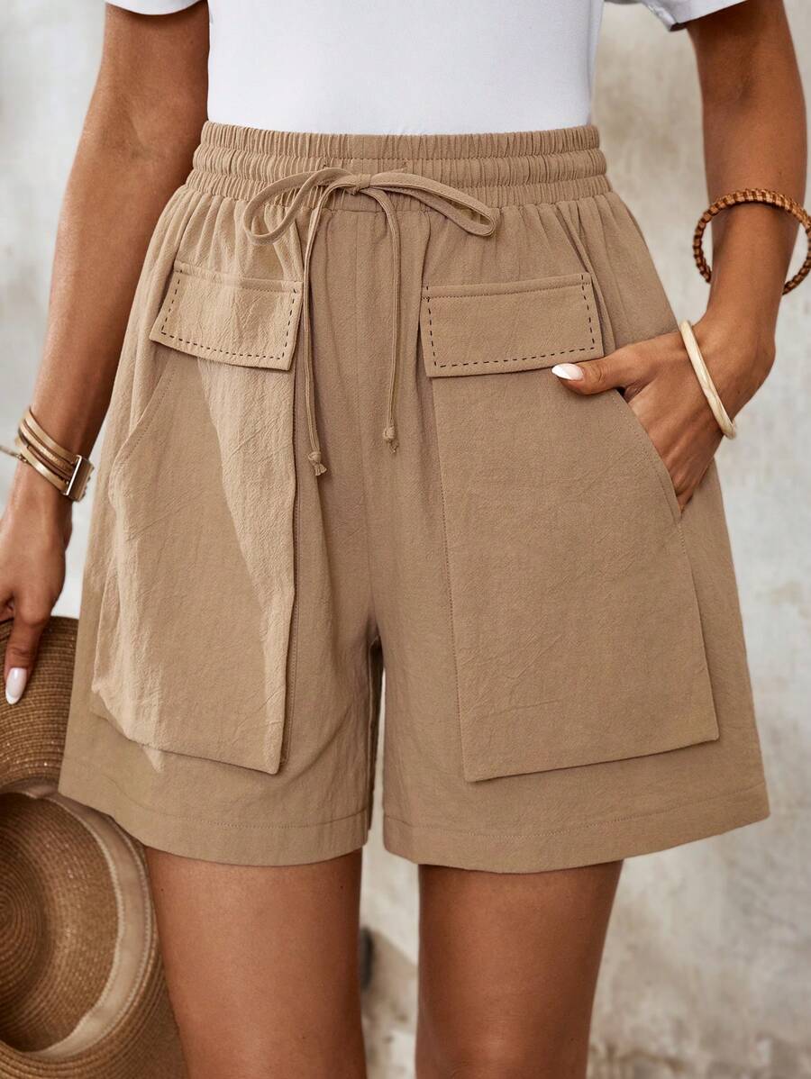 EMERY ROSE Solid Color Women's Casual Daily Shorts With Pockets - Khaki - View 1