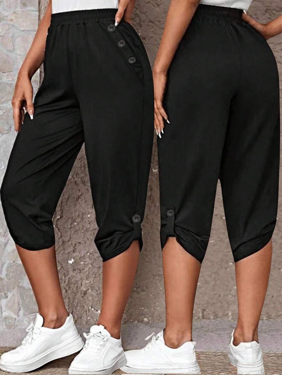 SHEIN LUNE Plus Size Kỳ nghỉ hè Quần viền cuộn màu trơn thường ngày - màu đen - Xem 1