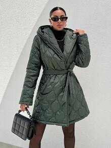EURMUSE Hooded Quilted Long Warm Stylish Wintercoat With Belt