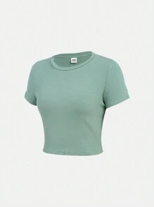 SHEIN Teenage Girl's Knitted Solid Color Ribbed Short Sleeve T-Shirt And Flared Pants Casual Sports Two-Piece Set - Green - View 8