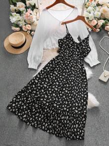 Flirla 大码女式波西米亚风度假碎花细肩带连衣裙配夹克两件套，适合夏季 - 彩色 - 查看 1