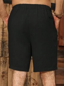 Manfinity RSRT 男士時尚寬鬆純色休閒短褲，百搭款 - 黑色 - 查看 2