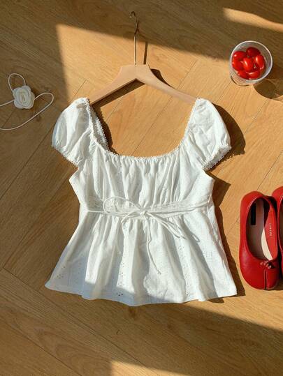 Comfortcana Women's Summer Solid Color Square Neck Raglan Sleeve Sleeve Textured Jacquard Ruched T-Shirt