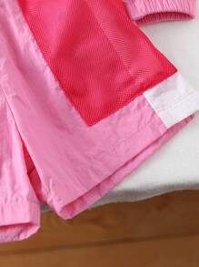 SHEIN 2 件装少女休闲运动百搭时尚连帽拉链夹克外套+短裤套装，适合跑步、运动、户外、郊游、聚会、亲子活动、秋夏季，透气舒适，防紫外线 - 彩色 - 查看 5