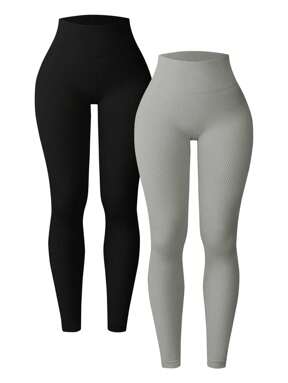 Easithlete 2 paquets de leggings sans couture côtelés pour femmes - pantalons de yoga avec contrôle du ventre taille haute et effet push-up pour le fessier, pour le workout, l'athlétisme, la course, le cyclisme, le yoga, le pickleball, l'exercice et le casual, en noir et gris