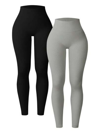 Easithlete 2 paquets de leggings sans couture côtelés pour femmes - pantalons de yoga avec contrôle du ventre taille haute et effet push-up pour le fessier, pour le workout, l'athlétisme, la course, le cyclisme, le yoga, le pickleball, l'exercice et le casual, en noir et gris