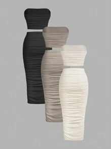 SHEIN Essnce 女士夏季休闲纯色褶皱露肩上衣外出上衣抹胸及膝修身裙套装机场装返校服装女式两件套抹胸套装秋季外出套装，3 件 - 彩色 - 查看 2