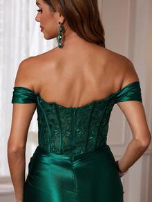 Paillettenbesetztes Meerjungfrauenkleid mit Carmen-Ausschnitt für den Abiball, lang mit hohem Schlitz, Spitzen-Abendrobe für Frauen, mit Reißverschluss-Rücken und Schleppe, elegantes Hochzeitsgast-Kleid, für Abschluss, Dinner, Weihnachten