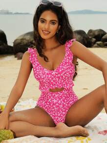 Swim Mod 女士夏季沙滩连体泳衣，全身印花设计，大圆领，镂空细节 - 彩色 - 查看 4