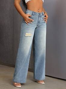 SHEIN SXY Women Pocket Ripped Wide-Leg Loose Casual Jeans