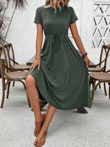 SHEIN LUNE Women's Summer Solid Color Short Sleeve Round Neck Tie Waist Casual Long Dress