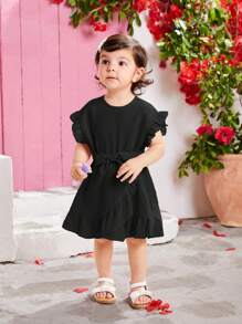 SHEIN Baby Girl Casual Summer Belted Solid Color Drop Shoulder Ruffle Asymmetrical Hem Dress - Black - View 5