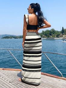 Women Beach Cover Up Top And Skirt Set Cruise Outfits, For Summer Vacation - Black and White - View 2