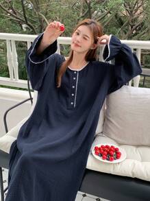 DAZY 撞色邊框荷葉袖休閒裙 - 藏蓝色 - 查看 8