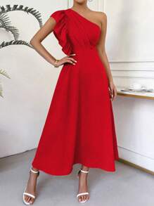 Chiquease Simple One Shoulder Ruffle Trim Dress For New Year Clothes Maxi Women Outfit - Red - View 5