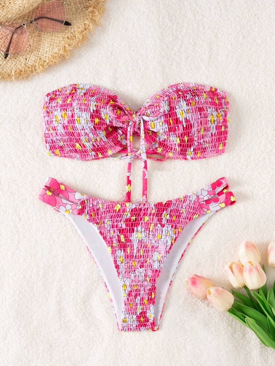 SHEIN Swim Bộ bikini gợi cảm đi biển mùa hè dành cho nữ với băng đô in hoa kèm bộ bikini riêng biệt - Nhiều màu - Xem 1