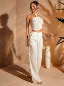 Hauture Vacation Outfits Gold Hardware Detail Asymmetrical Hem Halter Crop Fall Top
