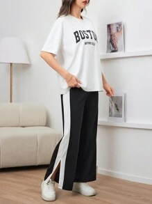 Seusyu 字母图案落肩 T 恤和撞色侧缝开衩裤两件套 - 黑與白 - 查看 3