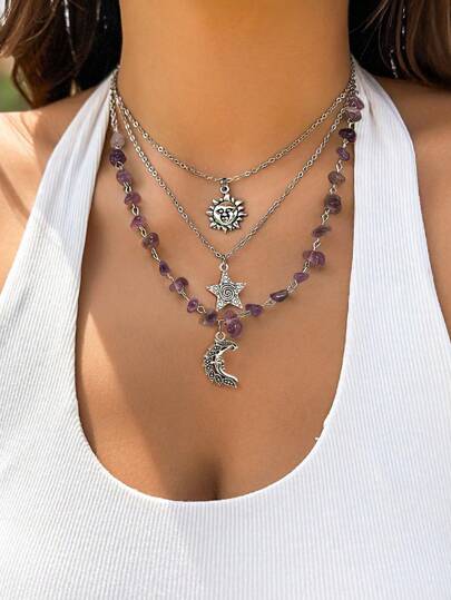 Fairycore 3 pièces Ensemble de colliers avec pendentifs simples et lune-soleil de fée, avec chaîne à perles en cristal