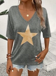 SHEIN LUNE Áo thun ngắn tay cổ chữ V thường ngày mùa hè dành cho nữ có in hình ngôi sao - Xám - Xem 5